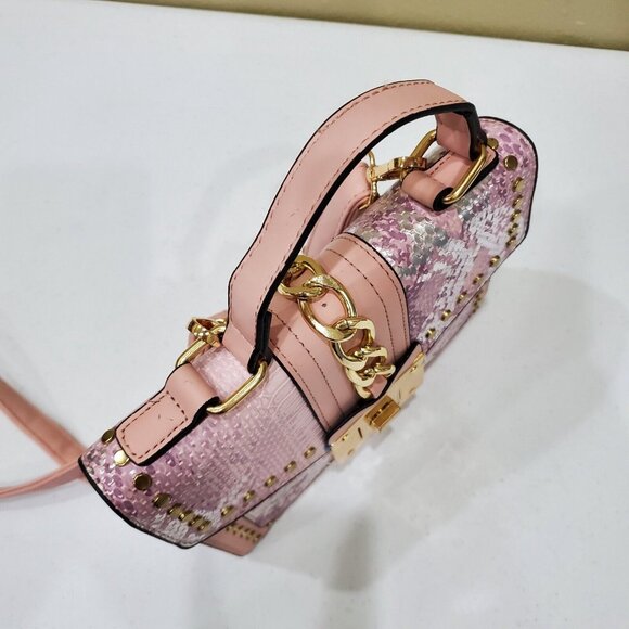 Small Handbag Pink Faux Leather Gold Tone Chain Crossbody Strap with Billfold - Picture 6 of 16